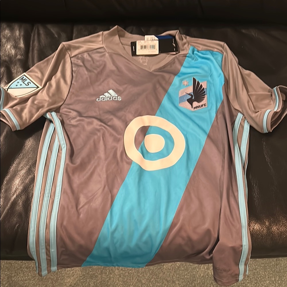 Large youth Adidas Gray and Light Blue Soccer Jersey
